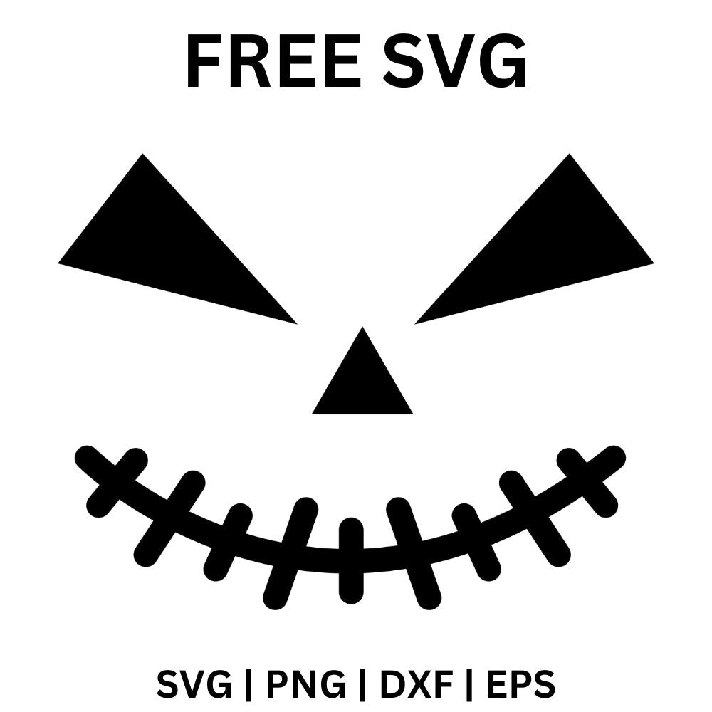 Black pumpkin face cutout with two slanted triangle eyes, a triangle nose and a curved stitched smile crossed with short stitch lines, free Halloween pumpkin face SVG cut file preview.