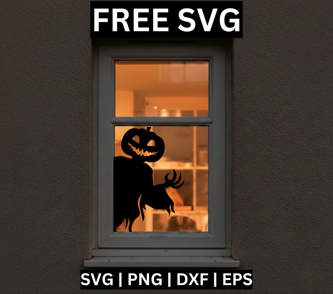 Black pumpkin-headed creature silhouette with a carved grin and a ragged cloak reaching out a clawed hand, shown as a window cling on a warmly lit window, free Halloween window decoration SVG cut file preview.