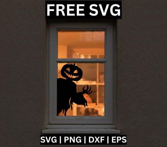 Black pumpkin-headed creature silhouette with a carved grin and a ragged cloak reaching out a clawed hand, shown as a window cling on a warmly lit window, free Halloween window decoration SVG cut file preview.