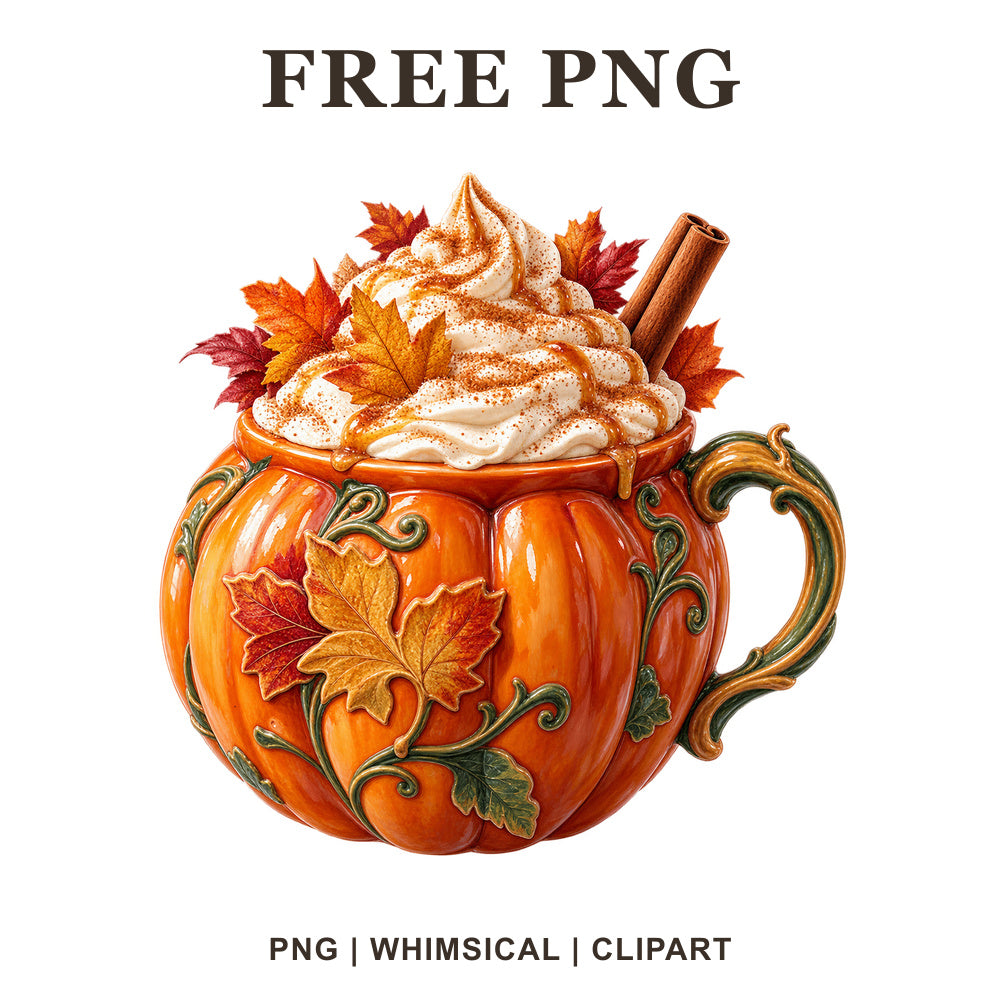 Orange pumpkin mug topped with whipped cream, cinnamon stick and autumn leaves, free pumpkin spice latte PNG