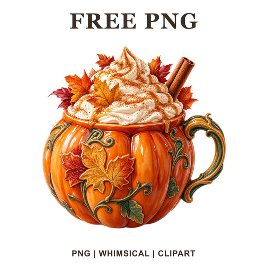 Orange pumpkin mug topped with whipped cream, cinnamon stick and autumn leaves, free pumpkin spice latte PNG