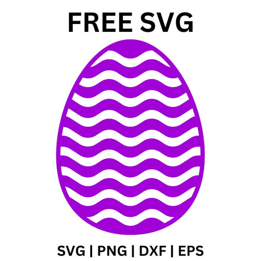 Purple Easter egg decorated with horizontal white wavy stripes from top to bottom, free wavy Easter egg SVG cut file preview.