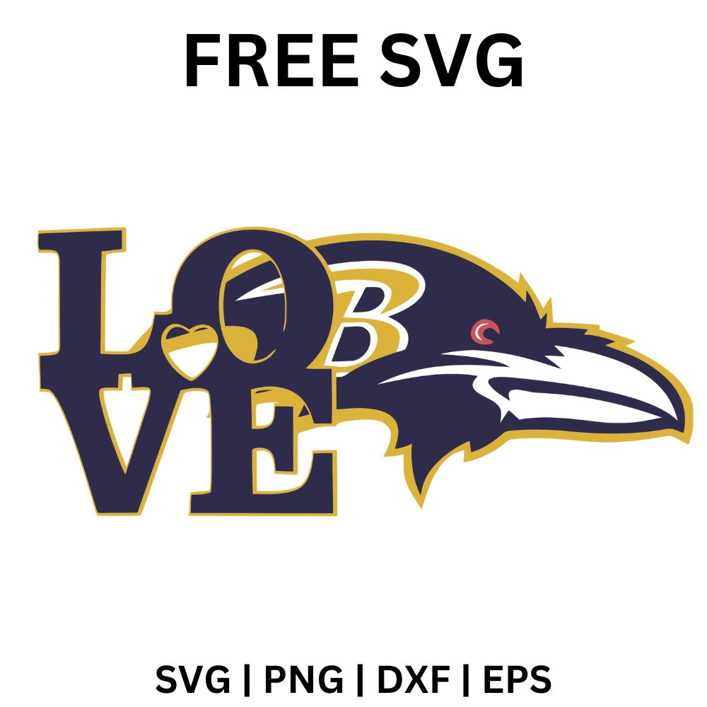 Stacked purple and gold LOVE block letters with a small letter B and a purple raven head in profile beside them, free raven love football SVG cut file preview.