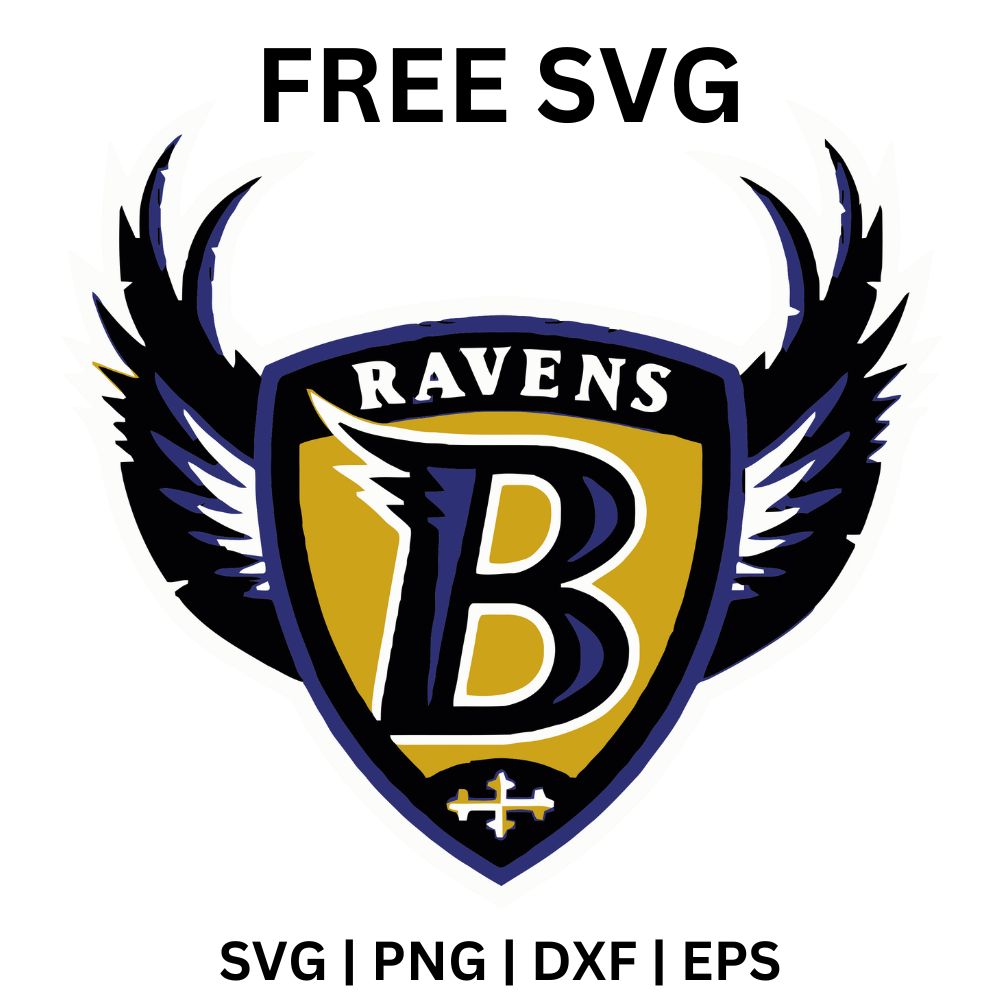 Purple and gold shield crest with a bold purple letter B and team name banner, flanked by black spread wings, free winged shield football SVG cut file preview.
