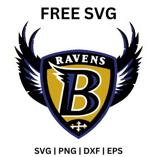 Purple and gold shield crest with a bold purple letter B and team name banner, flanked by black spread wings, free winged shield football SVG cut file preview.