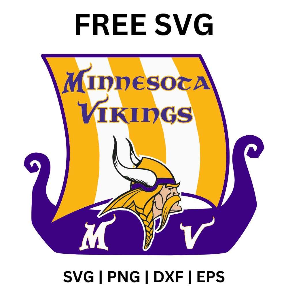 Purple and gold striped longship sail with purple arched lettering, a horned warrior head and initials on the ship hull, free longship sail football SVG cut file preview.