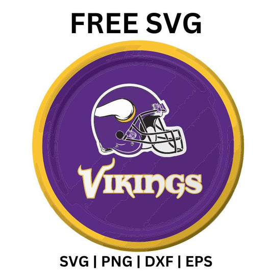 Purple football helmet with white horns on a purple circle with a gold ring above white team lettering, free horned helmet circle SVG cut file preview.