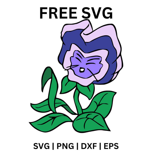 Purple pansy flower with a sleepy cartoon face in the center on a curvy stem with green leaves, free talking flower SVG cut file preview.