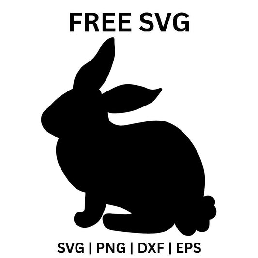 Black rabbit silhouette crouching in side profile facing left with long ears laid back, a rounded body and a fluffy tail, free Easter bunny SVG cut file preview.