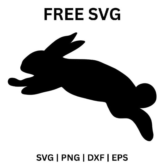 Black rabbit silhouette jumping to the left with front paws reaching out, ears laid back, a round fluffy tail and hind legs kicked down, free Easter bunny SVG cut file preview.