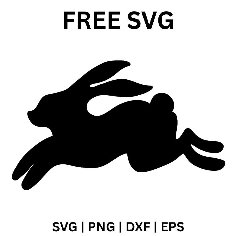 Black rabbit silhouette leaping mid-air to the left with ears swept back and long hind legs stretched out behind, free Easter bunny SVG cut file preview.