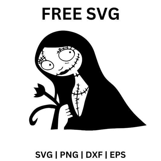 Stitched rag doll girl portrait with long dark hair, wide eyes and a patched dress holding a small curly flower, free Halloween rag doll SVG cut file preview.