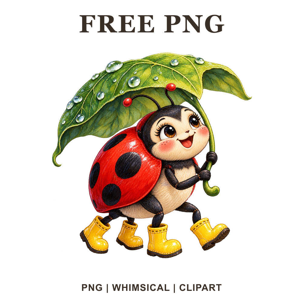 Happy ladybug in yellow rain boots holding a dewy green leaf umbrella, free rainy day ladybug PNG