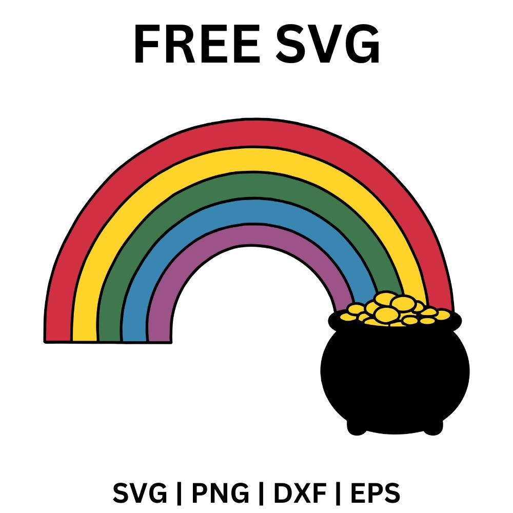Outlined rainbow in red, yellow, green, blue and purple arching down into a black cauldron overflowing with gold coins, free St. Patrick's Day rainbow SVG cut file preview.
