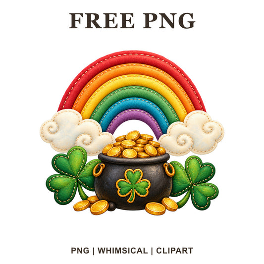 Stitched style rainbow over fluffy clouds with a black pot of gold coins and green shamrocks, free St Patrick's Day rainbow PNG