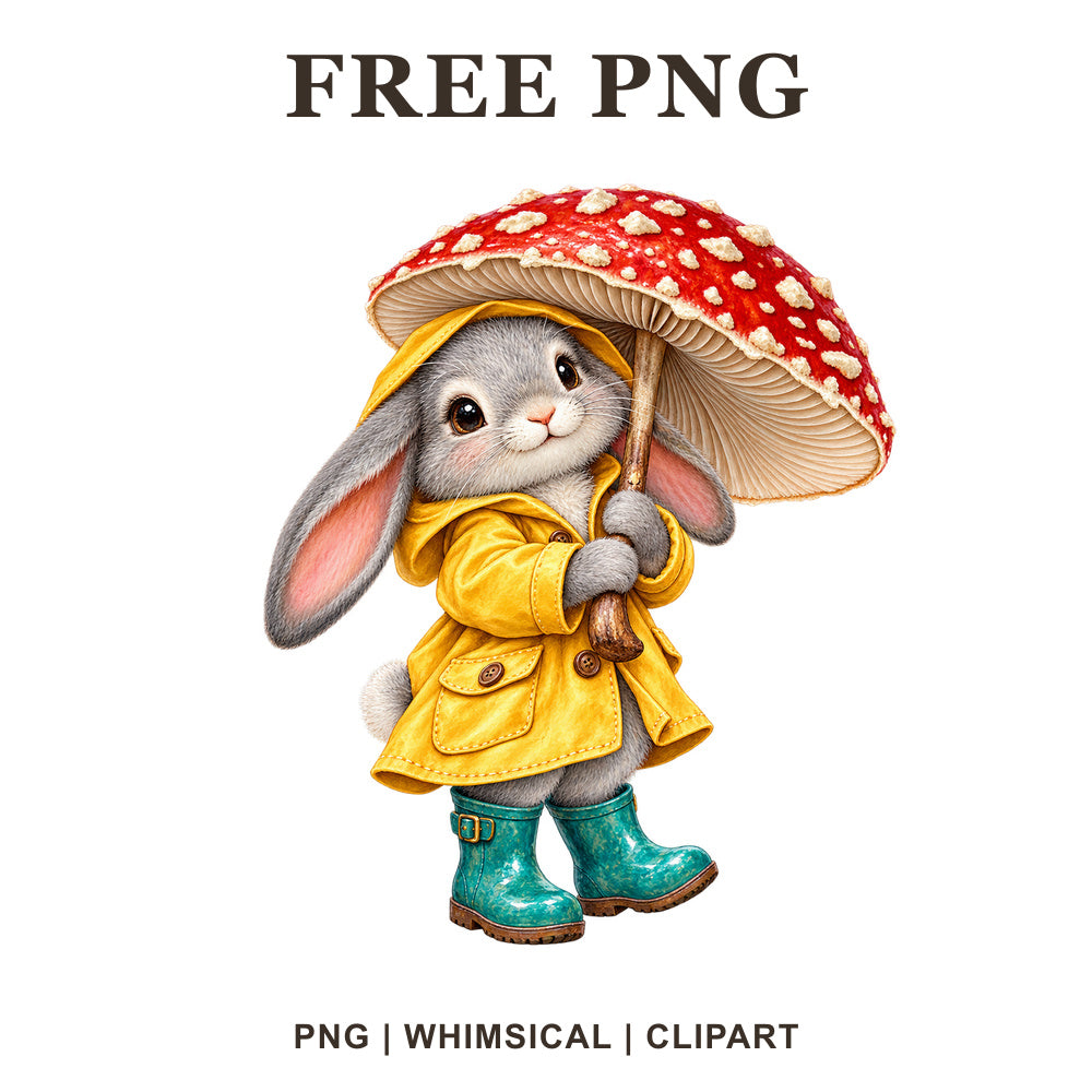 Gray bunny in a yellow raincoat and teal rain boots holding a red mushroom umbrella, free rainy day bunny PNG