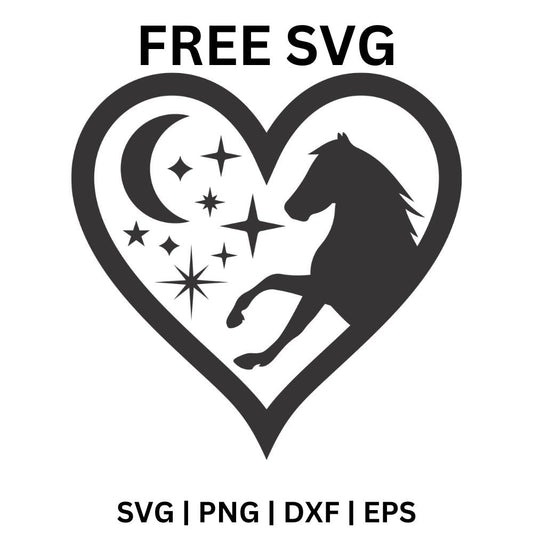 Black rearing horse silhouette inside a heart outline with a crescent moon and sparkling stars, free horse heart SVG cut file preview.