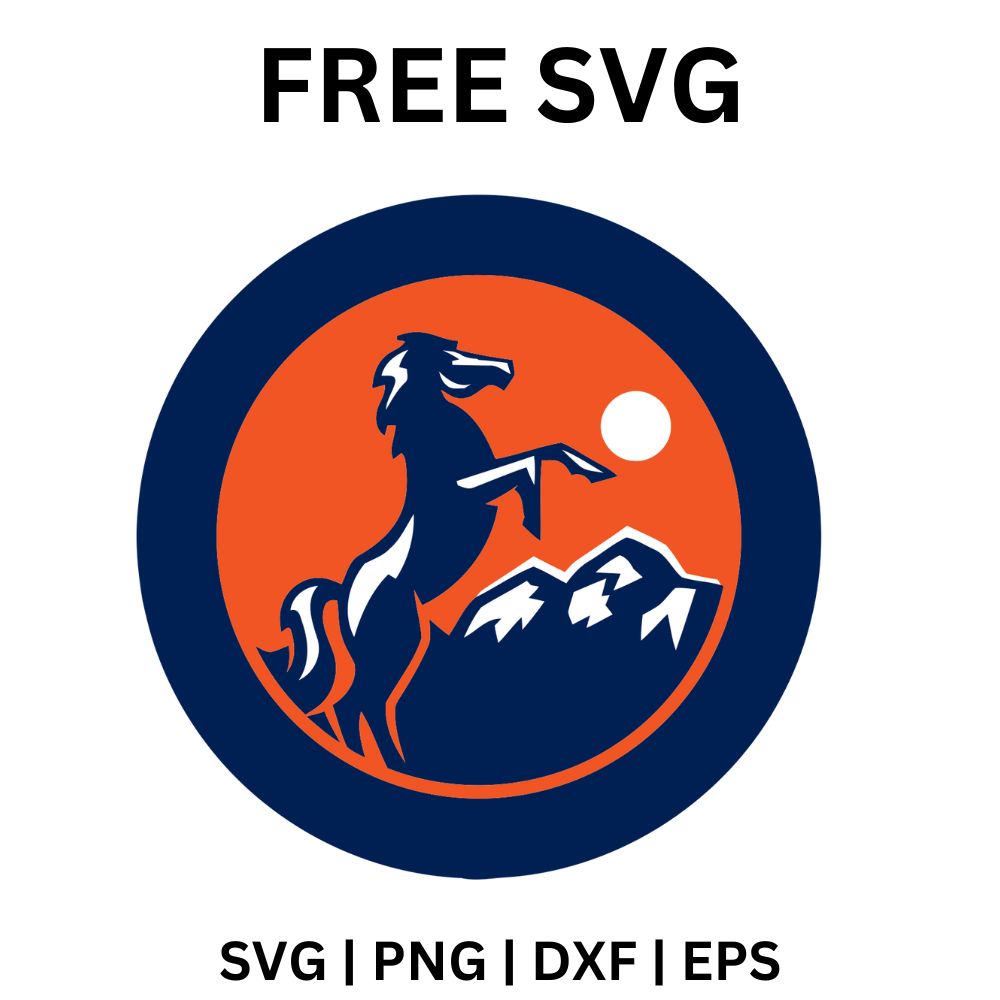 Navy horse rearing over snowy mountains under a white sun inside an orange circle with a navy ring, free vintage rearing horse SVG cut file preview.
