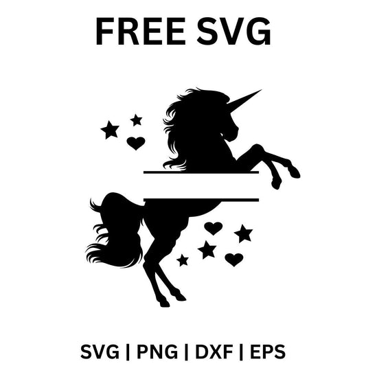 Black rearing unicorn silhouette split by a blank monogram band, with small stars and hearts around it, free split unicorn monogram SVG cut file preview.