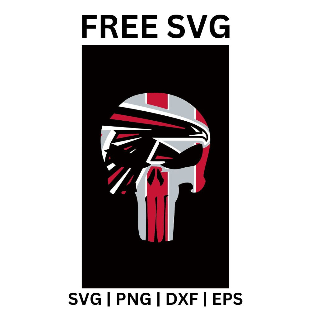White skull painted with a red and black bird emblem on a tall black panel, free bird emblem skull football SVG cut file preview.
