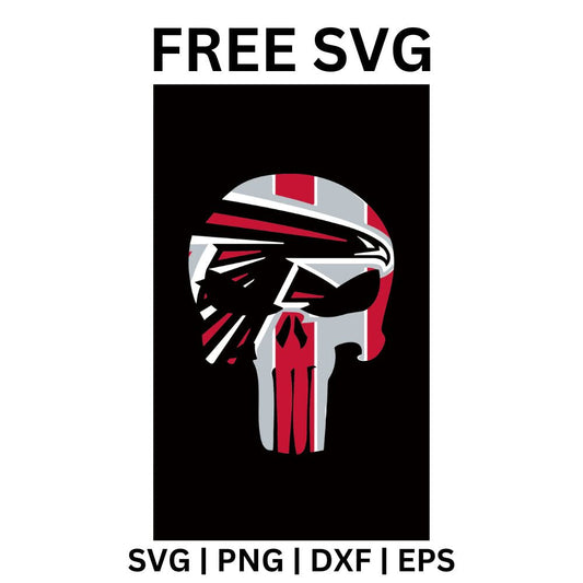 White skull painted with a red and black bird emblem on a tall black panel, free bird emblem skull football SVG cut file preview.