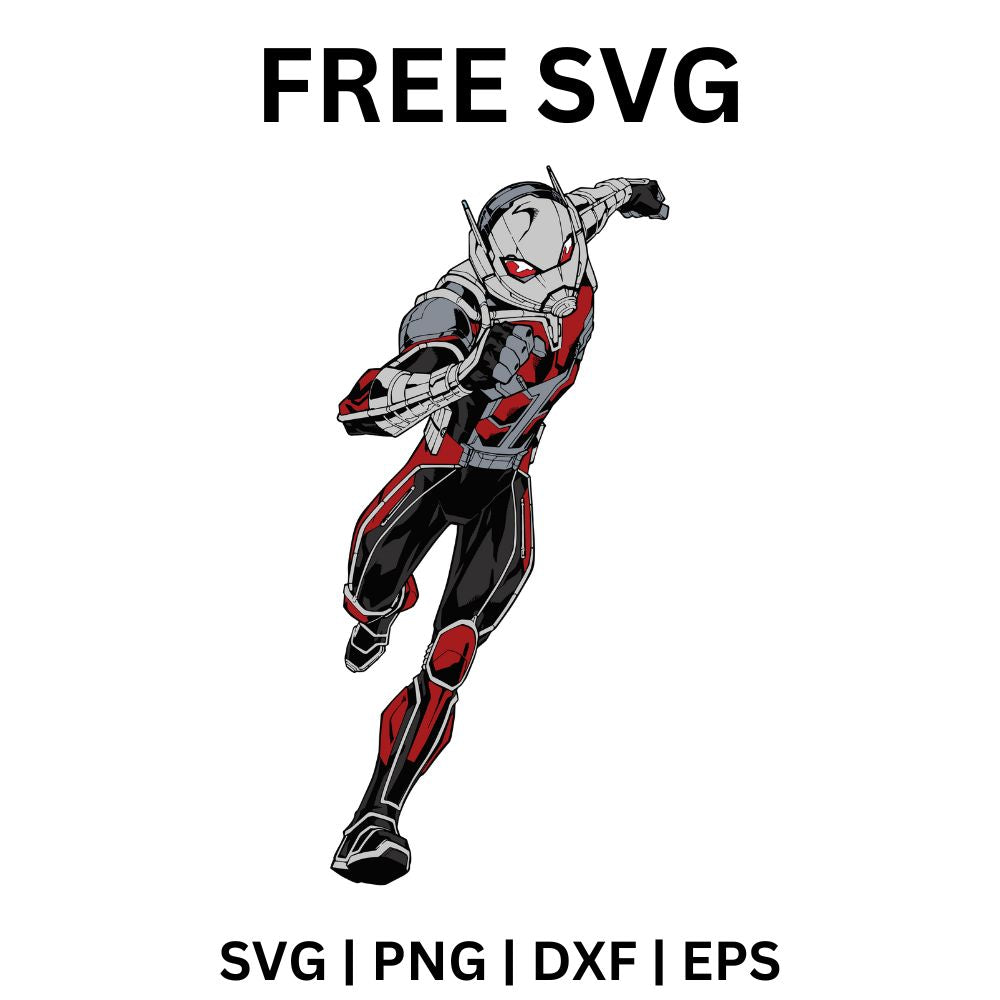 Hero in a red, black and silver suit with an insect-style helmet charging forward mid-stride with one arm raised to punch, free shrinking hero action SVG cut file preview.
