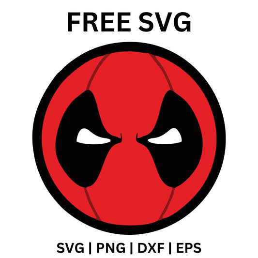 Round red circle emblem with a black split band and two white eye shapes in a hero mask style, free hero mask emblem SVG cut file preview.