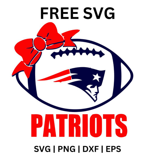 Navy football outline with a big red bow on top, a minuteman head emblem in the middle and bold red team lettering below, free football bow SVG cut file preview.