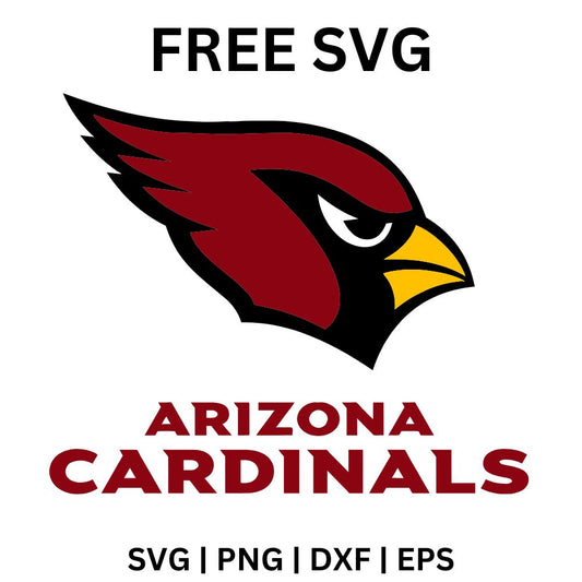 Angry red cardinal bird head with a yellow beak above small black lettering and a bold red wordmark, free cardinal bird head SVG cut file preview.