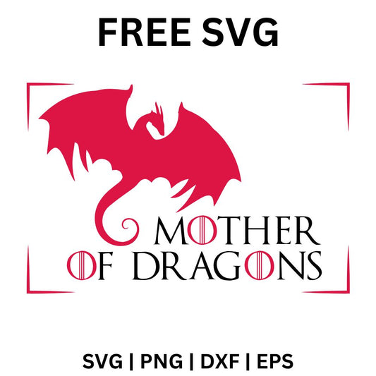 Crimson flying dragon silhouette with spread wings above a red serif fantasy quote and banner, free red dragon SVG cut file preview.