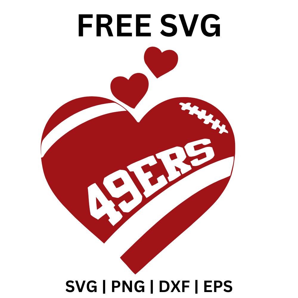 Red heart-shaped football with white laces and white number lettering with two small red hearts above, free football heart SVG cut file preview.