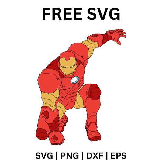 Red and gold armored suit hero crouched low with one arm raised overhead and a glowing round chest light, free armored hero SVG cut file preview.