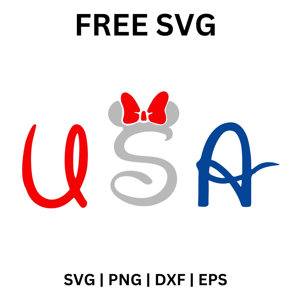 Red, gray and blue script USA letters with a gray mouse ears silhouette and red polka dot bow on top, free patriotic USA SVG cut file preview.