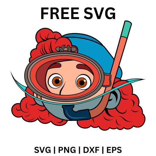 Cartoon girl with big curly red hair wearing a snorkel and diving mask with puffed cheeks underwater, free snorkeling girl SVG cut file preview.