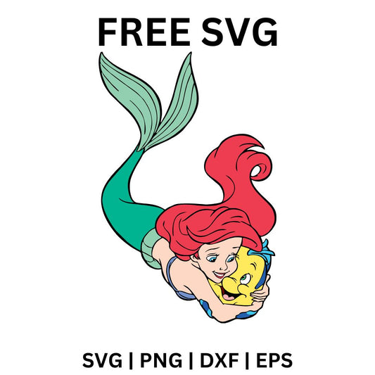 Happy cartoon mermaid with flowing red hair and a green tail lovingly hugging a little yellow and blue striped fish, free mermaid and fish SVG cut file preview.