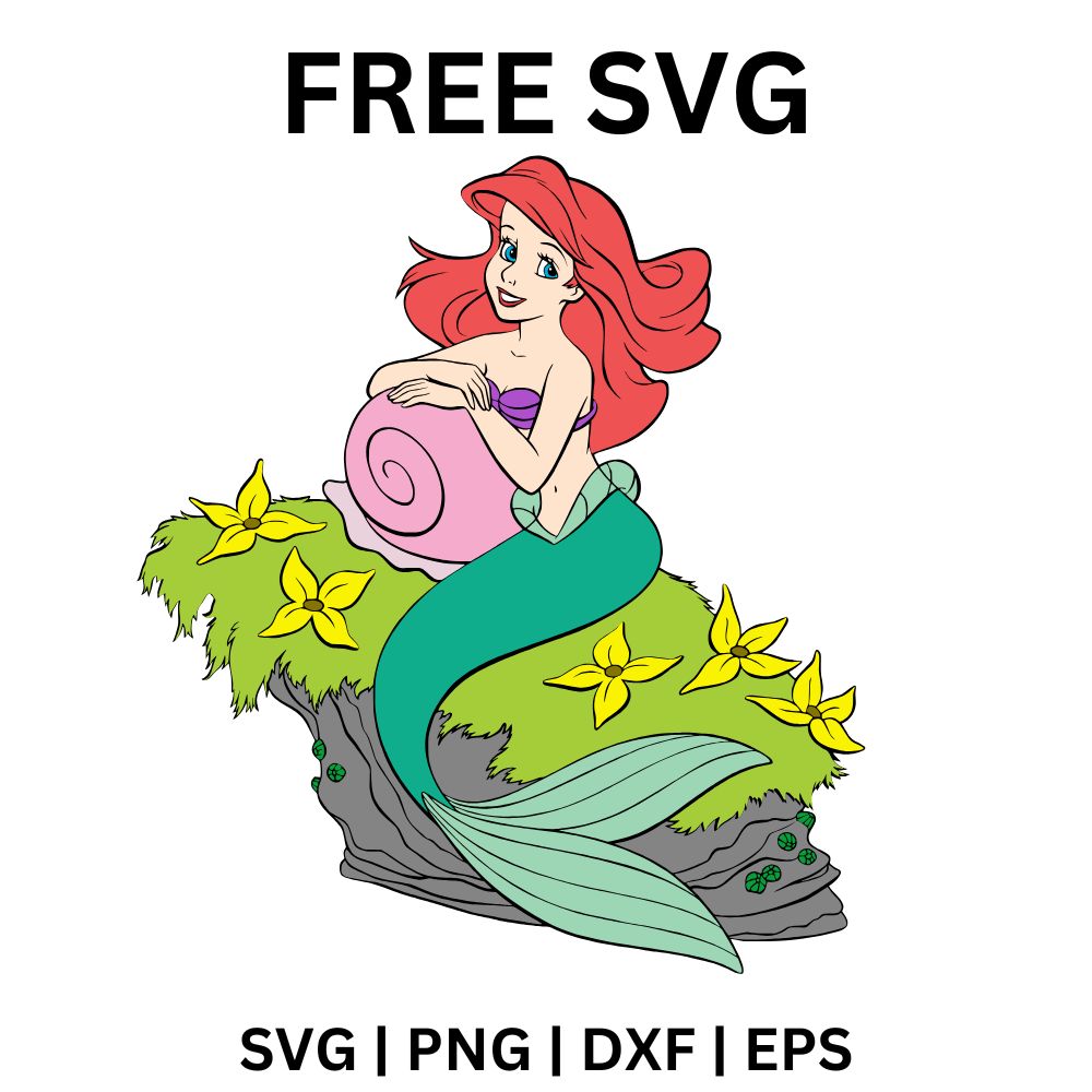 Cartoon mermaid with red hair holding a big pink seashell while lounging on mossy green rocks with yellow flowers, free mermaid SVG cut file preview.