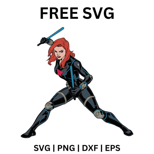 Red-haired spy heroine in a black catsuit crouched in a fighting stance with a glowing blue baton raised overhead, free spy heroine SVG cut file preview.