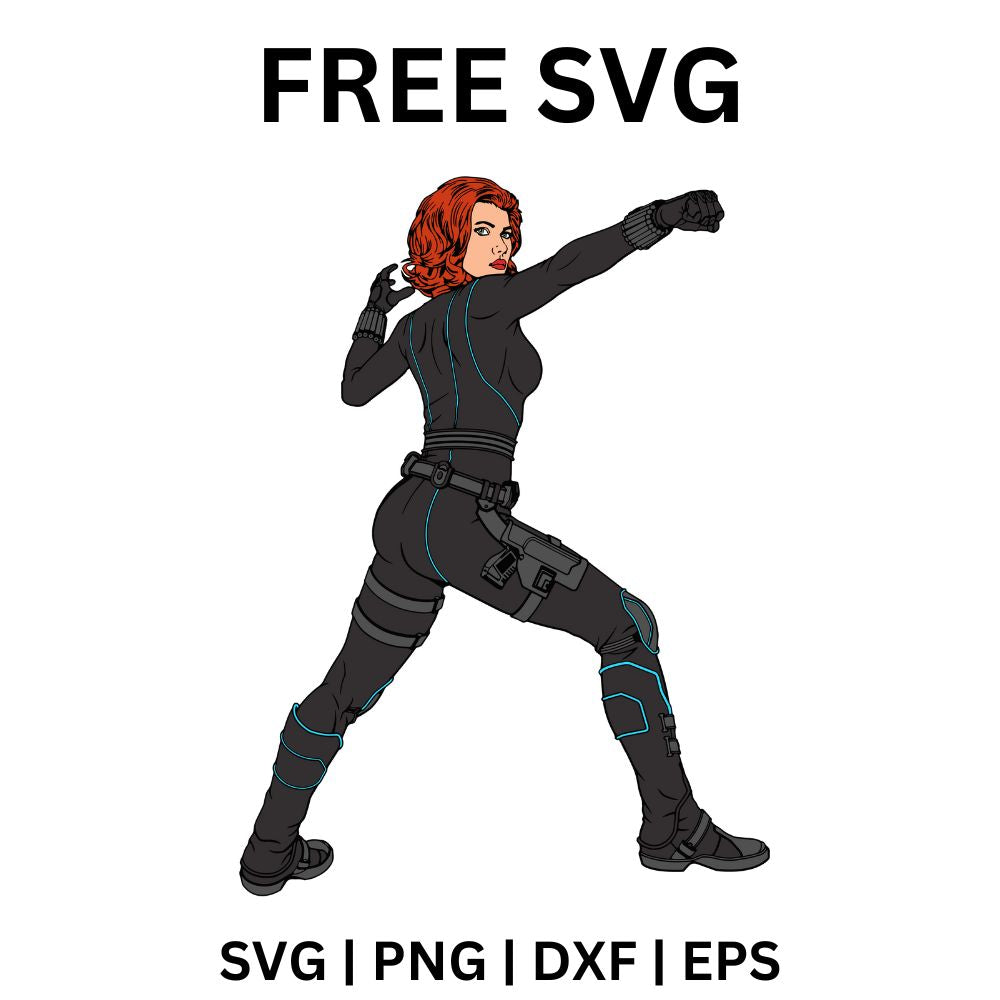 Red-haired spy heroine in a black tactical bodysuit throwing a punch from a wide fighting stance, free spy heroine SVG cut file preview.