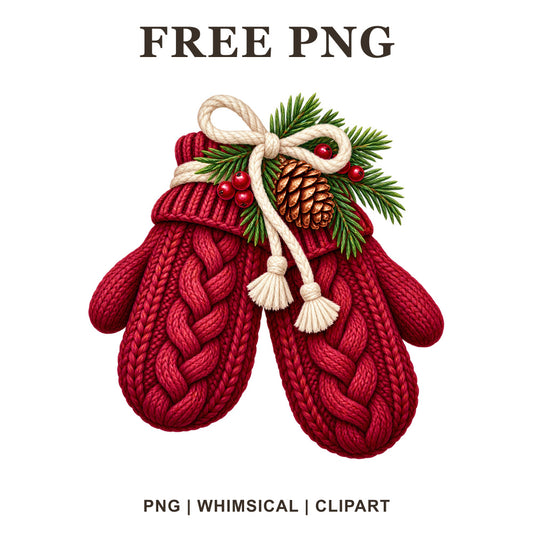 Pair of red cable knit mittens tied with a cream cord, a pinecone and evergreen sprigs with red berries, free winter mittens PNG