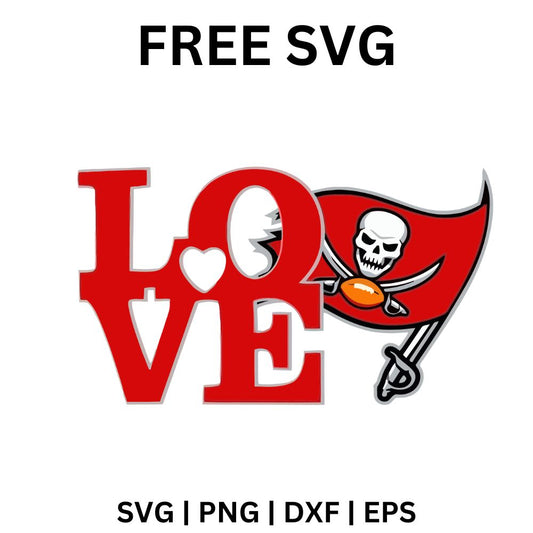 Red love lettering with a football as the O and a red pirate skull flag replacing the E, free love pirate flag football SVG cut file preview.