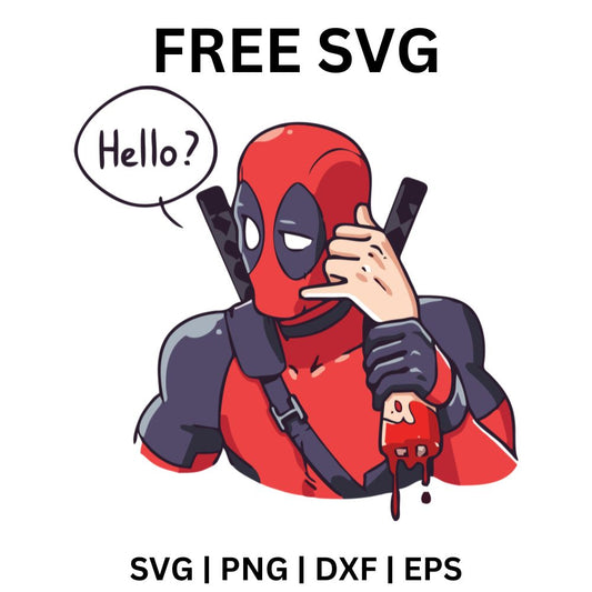 Cartoon red and black masked hero holding a phone to his ear under a Hello speech bubble, free masked hero SVG cut file preview.
