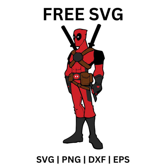 Red and black masked hero in a full suit standing ready with katana swords and holsters, free masked hero SVG cut file preview.