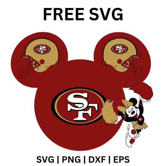 Red mouse ear silhouette with gold football helmets as ears, a red oval logo in the center and a waving cartoon mouse, free red football mouse ears SVG cut file preview.