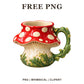 Red and white spotted toadstool mushroom mug with a green leaf handle, free cottagecore coffee mug PNG
