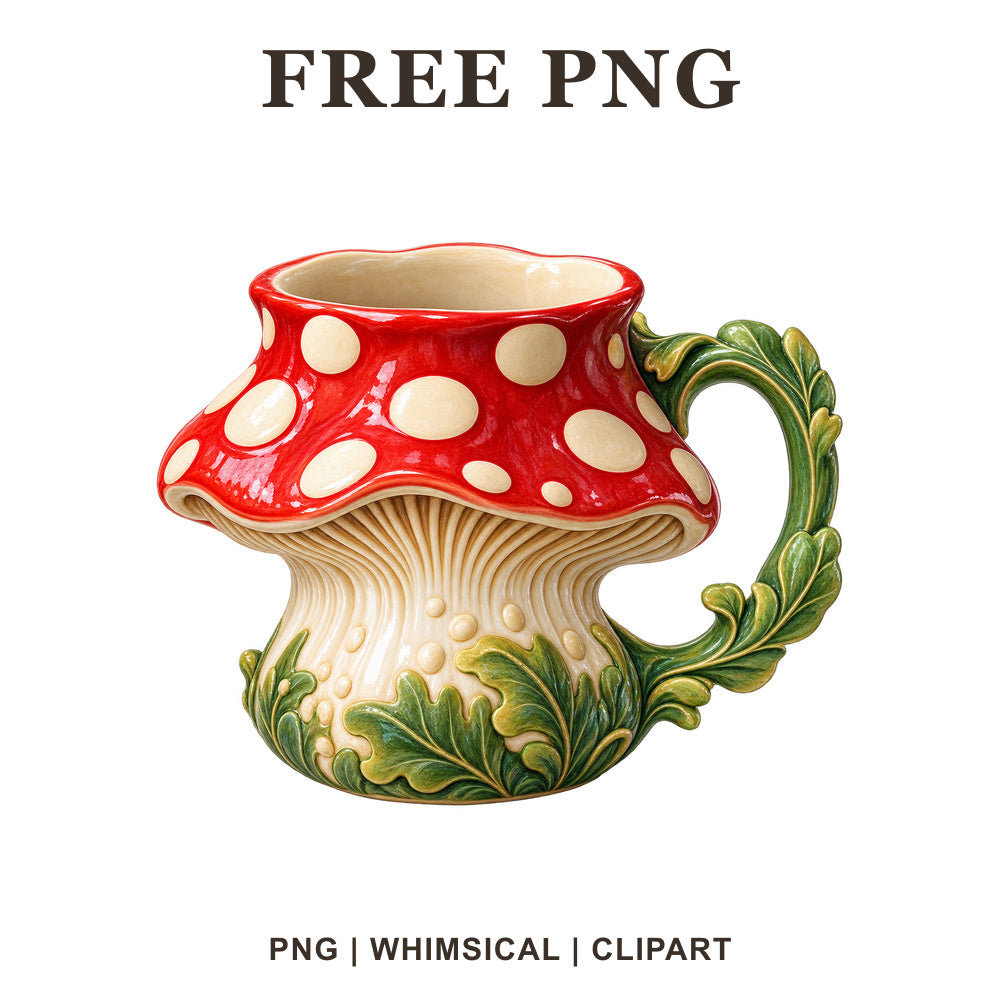 Red and white spotted toadstool mushroom mug with a green leaf handle, free cottagecore coffee mug PNG