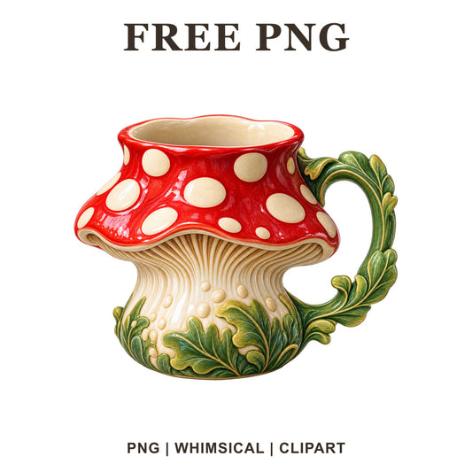 Red and white spotted toadstool mushroom mug with a green leaf handle, free cottagecore coffee mug PNG