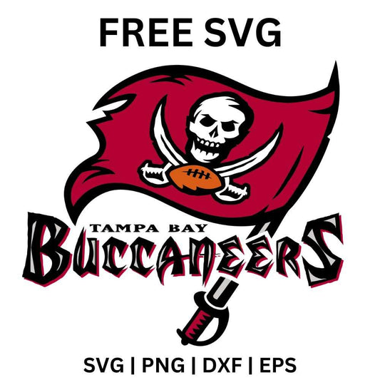 Red waving pirate flag with a white skull and crossed swords above bold red pirate style lettering, free pirate flag football SVG cut file preview.