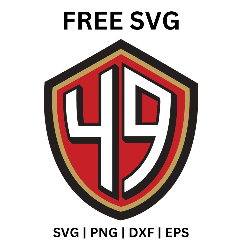 Red shield crest with a bold white number 49 framed by black and gold borders, free number 49 shield crest SVG cut file preview.