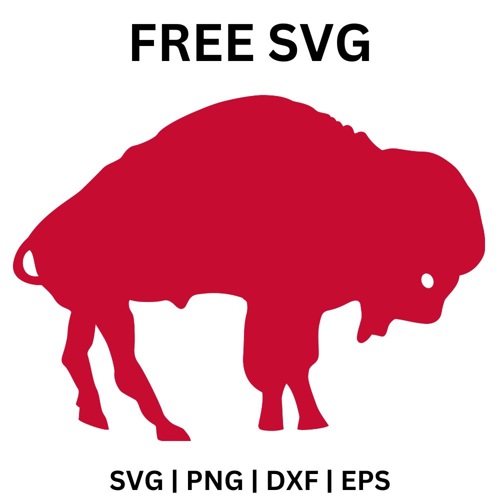 Solid red buffalo silhouette standing in side view with a humped back, lowered head and small white eye, free buffalo SVG cut file preview.