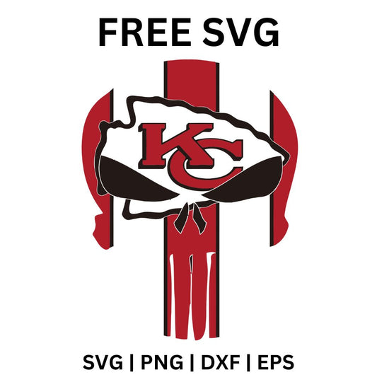 Red skull with vertical stripes through it and a red arrowhead with interlocking letters on the forehead, free football skull SVG cut file preview.